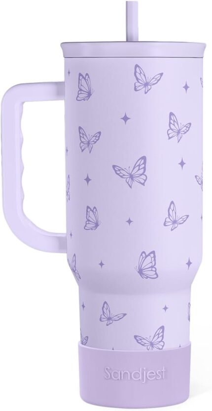 SANDJEST Butterfly Gifts for Women, Butterfly Tumbler with Handle, Stainless Steel Insulated Coffee Travel Mug Cup, Gifts for Women Girls on Birthday Christmas, 40oz