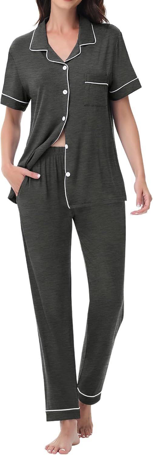 Womens Modal Pajama Set 2 Piece Soft Lounge Set Short Sleeve Button Up Pajama Comfy Pj Pants With Pockets S-3XL