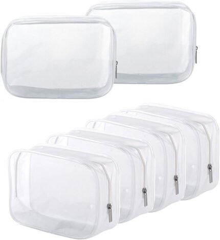6 Pack Clear Toiletry Carry Pouch with Zipper Portable Plastic Waterproof Cosmetic Bag TSA Approved for Vacation Travel Bathroom and Organizing (White, Small)