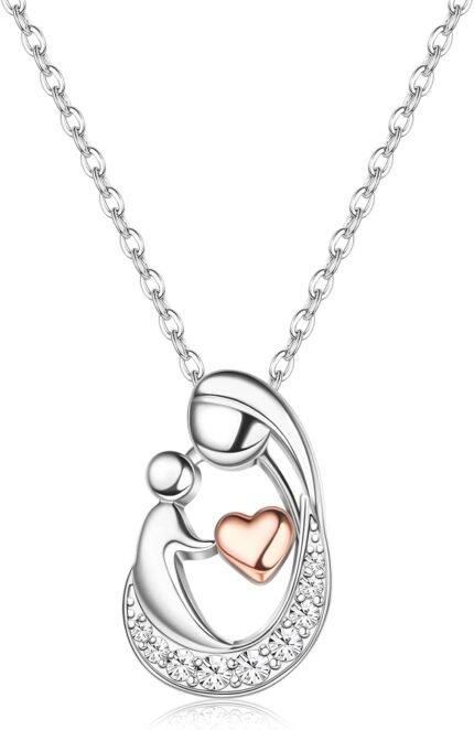 MILACOLATO Mother's Day Gifts S925 Sterling Silver Mother Daughter Necklaces 18K White Gold Filled Mom and Child Heart Birthstone Necklace Mom Pendant Necklaces for Mom New Mum Grandma Women Wife