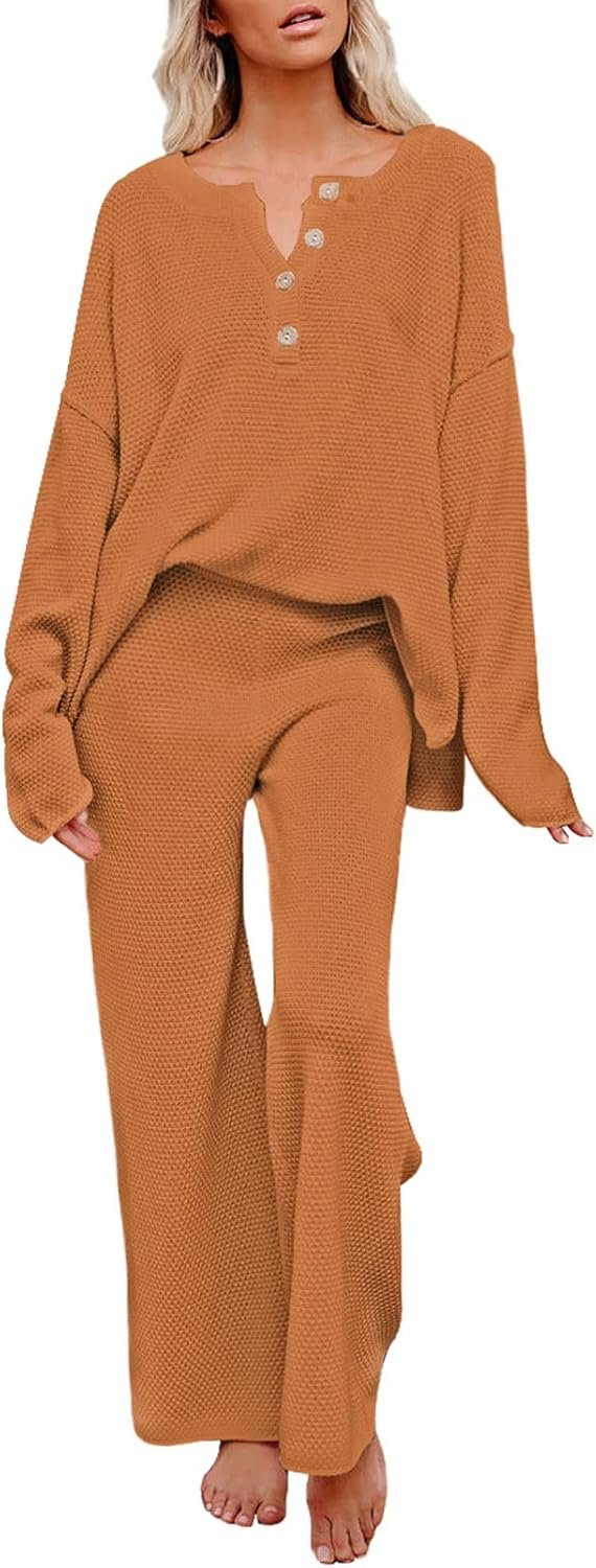 Pink Queen Women's 2 Piece Outfit Set Long Sleeve Button Pullover Sweater Top and Wide Leg Pants Knit Sweatsuit