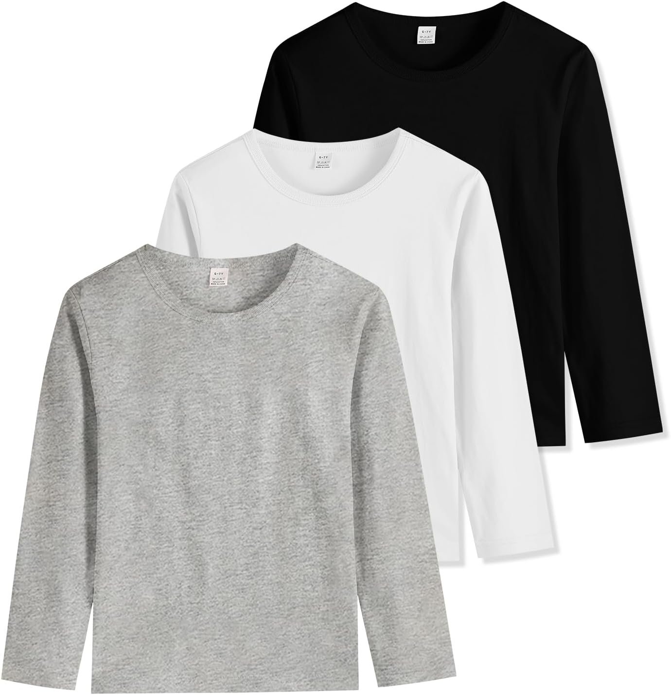 3-Pack Boys' Long Sleeve Shirts Kids Basic Long Sleeve Tees Toddlers' Crew Neck Soft Fall Tops