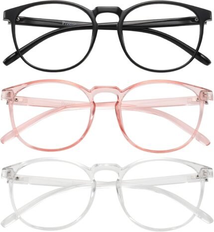 Przene 3 Pack Blue Light Blocking Glasses Women/Men,Retro Round Computer Glasses Anti Eye Strain/UV/Glare, Gaming Glasses. (Black/Crystal/Pink)