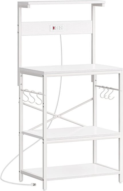 SUPERJARE Kitchen Bakers Rack with Power Outlet, Coffee Bar Table 4 Tiers, Kitchen Microwave Stand with 6 S-Shaped Hooks, Storage Shelf Rack for Spices, Pots and Pans - White