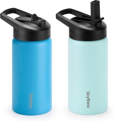 Kids Water Bottle with Straw 2 Pack, 16oz Water Bottles Bulk, Single Wall 18/8 Stainless Steel, Dishwasher Safe & Leakproof, Reusable Gift for Girls Boys to School Sports Travel Camping, Green & Blue