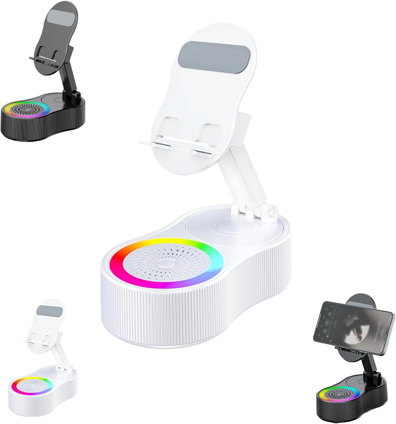 Arshipscho Nominateh Cell Phone Stand, 2025 Upgraded Cell Phone Stand with Induction Speaker/Power Bank/Atmosphere Light, 360° Rotating Foldable Holder Ideal for Home Office Travel (White)