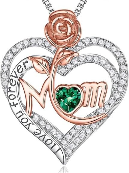 Rose Birthstone Gifts for Mom, S925 Sterling Silver Rose Heart Pendant Birthstone Necklace Mothers Day Valentines Day Christmas Birthday Jewelry Gifts for Mom