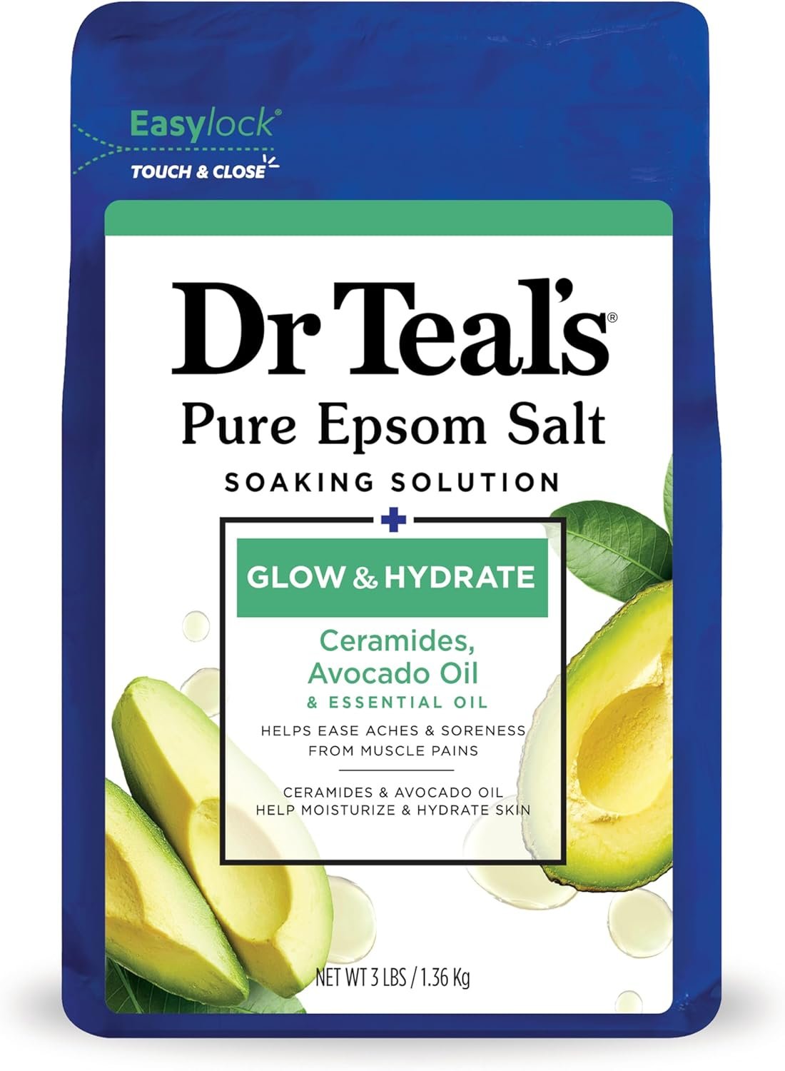 Dr Teal's Pure Epsom Magnesium Salt Soak, Glow & Hydrate with Ceramides & Avocado Essential Oils, 3 lbs