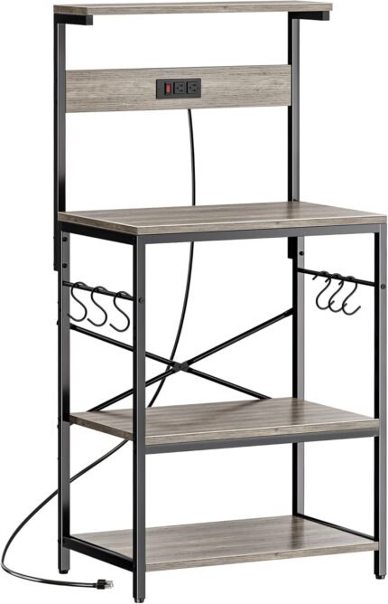SUPERJARE Kitchen Bakers Rack with Power Outlet, Coffee Bar Table 4 Tiers, Kitchen Microwave Stand with 6 S-Shaped Hooks, Kitchen Storage Shelf Rack for Spices, Pots and Pans - Greige