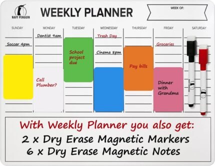 Weekly Calendar Whiteboard for Refrigerator - Magnetic Planner Dry Erase 11 x 14 in with 2 Dry Wipe Off Markers and 6 Magnetic Labels - Magnet Calendar White Board for Fridge, Home and Office