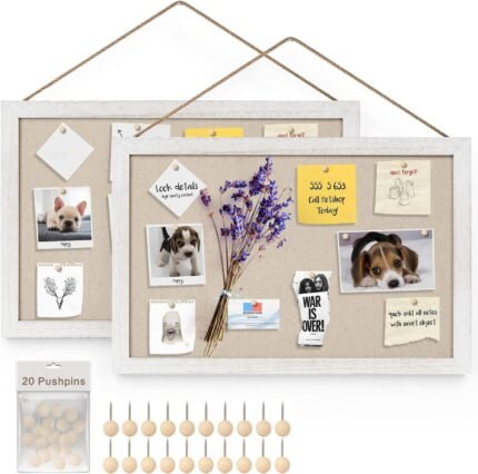 Miratino 2-Pack Cork Board with Linen 16x11 inch Bulletin Board Office Decor Hanging Pin Wood Framed Display Picture Vision Board Light for Wall School Office Bedroom 20-Pushpin Vintage White