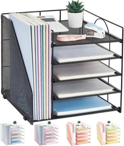 Desk Organizers and Accessories, 5-Tier Paper Letter Tray Organizer with File Holder, Desktop Organizer for Office Supplies (Black)