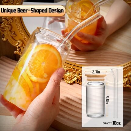 DWTS DANWEITESI Glass Cups with Lids and Straws 4 pcs,16oz Drinking Glasses Set for Coffee Bar Accessories Iced Coffee Cups with Lids,Glass Tumbler Reusable for Gifts