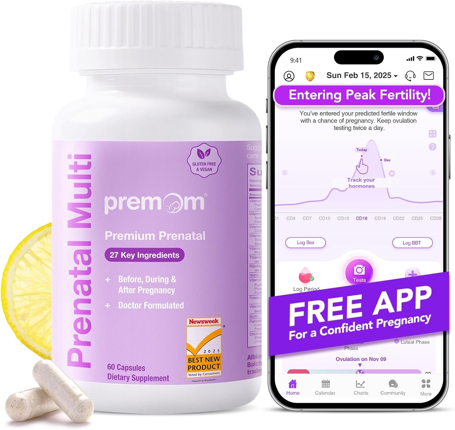 Premom Prenatal Vitamins for Women - Conception for Her Multivitamin: 27 Nutrients, Includes Methyl 680mcg Folate + Choline + Iron, Traceable Ingredients, Fertility Supplements for Women, Vegan
