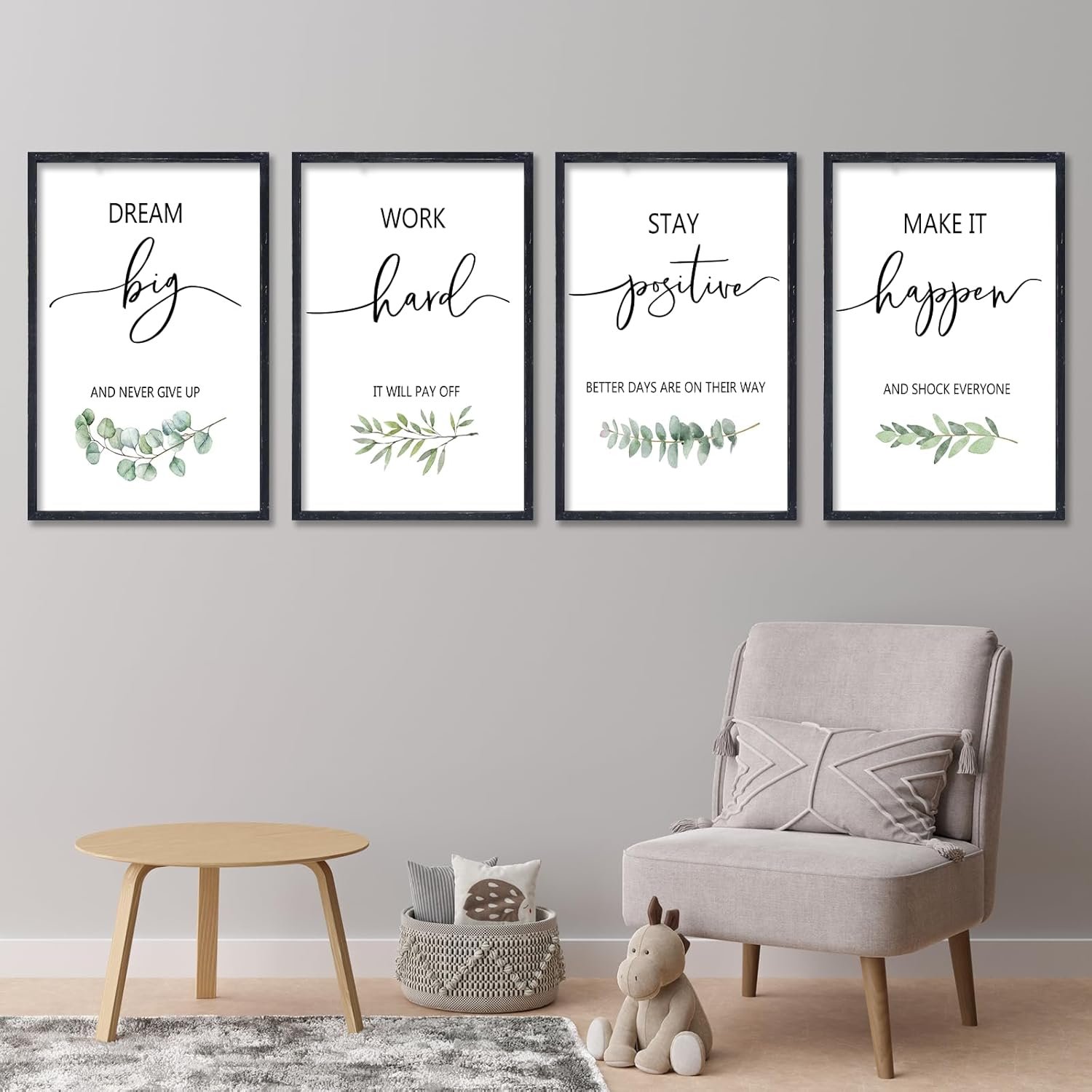Set of 4 Inspirational Quotes Wall Art 16x11 Inch Encouraging Office Wooden Framed Positive Affirmations Home Family Decor Sign Motivational Plaque Wall Hanging Decoration (Black)