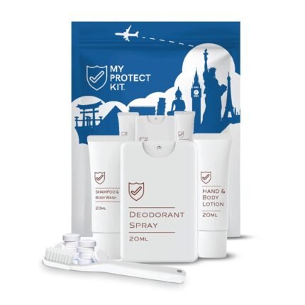 TSA Approved Travel Essentials for Men & Women - Hygiene Kit with Toiletries for Daily Use - Set includes Hand and Body Lotion, Deodorant, Shampoo, Toothbrush, and Toothpaste Tablets by My Protect Kit