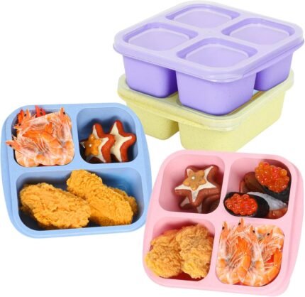 Bento Box For Kids, 4 Pack Reusable Lunch Snack Containers for Kids with 3 & 4 Compartments, Wheat Straw Meal Prep Lunch Box, Stackable Adult Lunchable Containers for Work, School and Travel, BPA Free