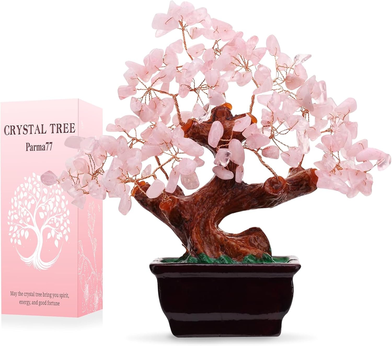 Parma77 Feng Shui Natural Rose Pink Quartz Crystal Money Tree, Healing Crystal Trees Bonsai Style Decoration for Wealth and Luck for Home Decor, Gifts for Women