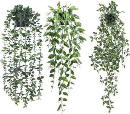 TOTOGA Artificial Hanging Plants 3 Pack Fake Potted Plants for Wall Home Room Office Indoor Decor
