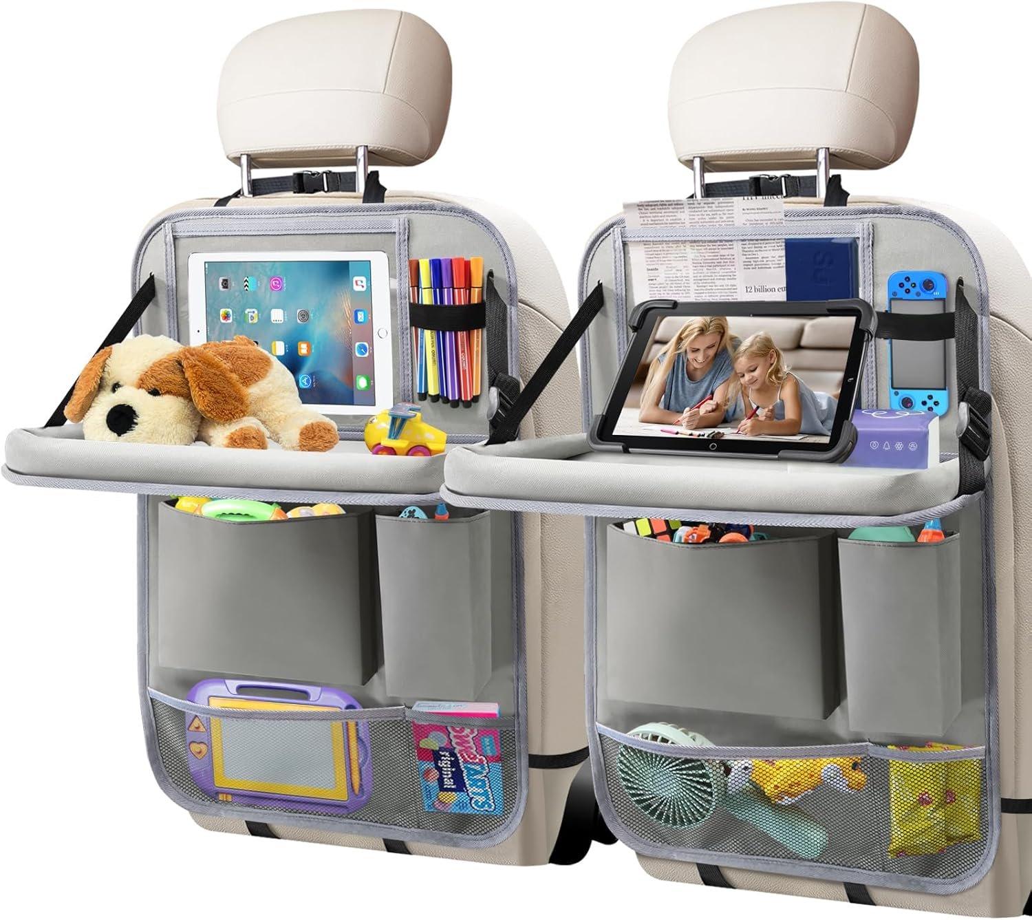 Car Backseat Organizer with Tablet Holder, 6 Storage Pockets Foldable Table Food Tray Seat Back Protectors Kick Mats Travel Accessories, 2 Pack Grey