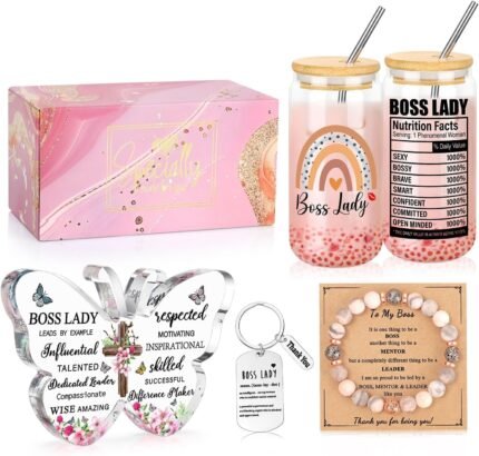 JoycuFF Boss Lady Gifts for Women Inspiration Set for Female Birthday Retirement Boss's Day Christmas Gifts for Boss Lady 16oz Glass Cup