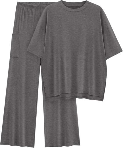 KIRUNDO Womens 2 Piece Outfits 2025 Summer Casual Loose Short Sleeve Pullover Tops & Wide Leg Pants Lounge Sets Tracksuit