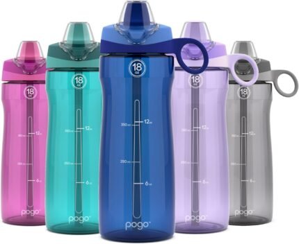 Pogo BPA-Free Plastic Water Bottle with Soft Straw Lid, 18oz. (Blue)