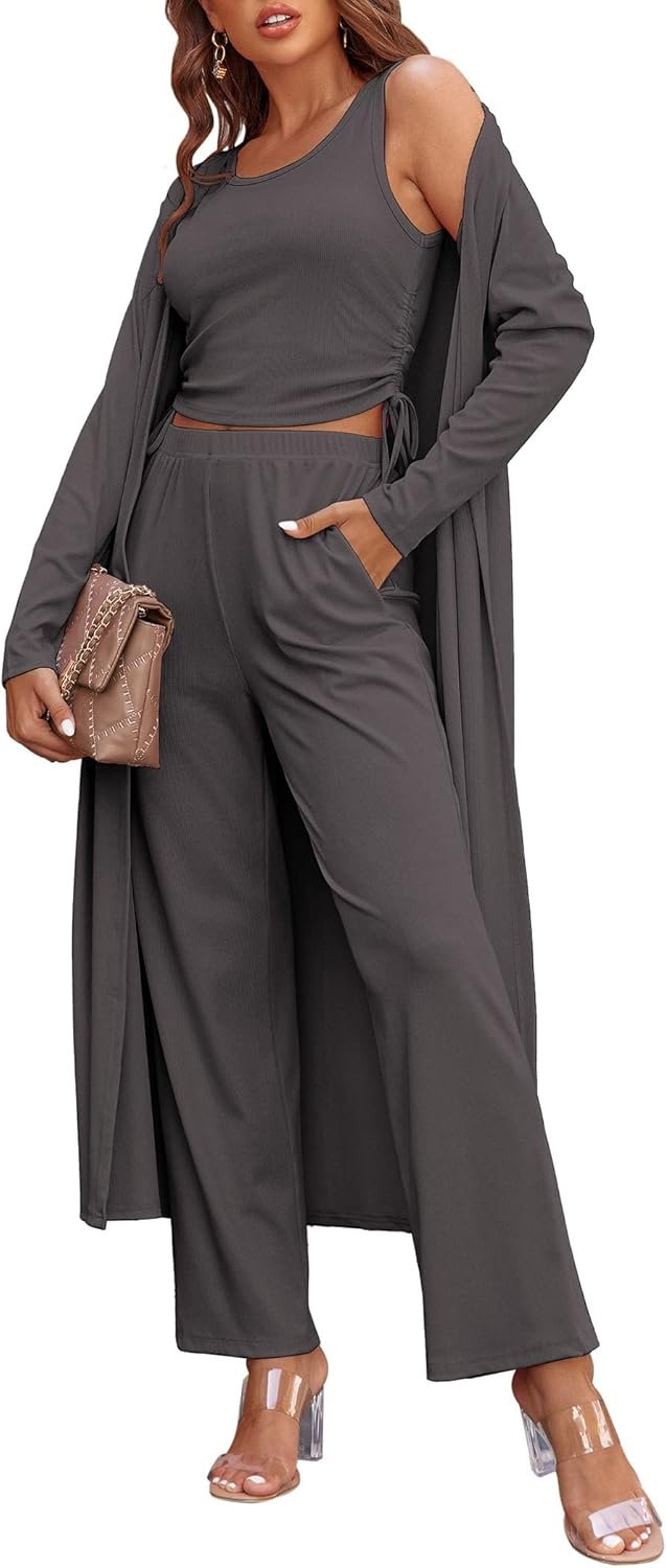 Ekouaer Women's 3 Piece Knit Lounge Set Pajama Long Sleeve Cardigan Sleeveless Top Pants Sweatsuit S-XXL