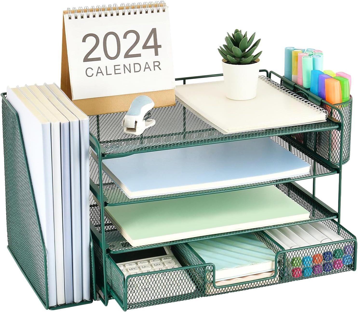 gianotter 4-Tier Desk Organizer with Drawers, File Holders, Letter Trays and Pen Holders - Workspace Accessories for Office Supplies (Green)