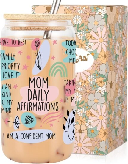 LEADO Mama Daily Affirmations Cups, Boy Mom Gifts - Funny Inspirational, Mother Birthday Gifts, Mommy Present for Girl Mama, Boy Mom, Mother - Mommy Tumbler, 16 oz Iced Coffee Cup with Lid and Straw