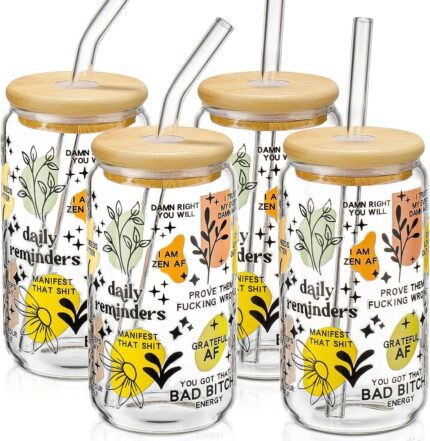 Glass Cups with Lids and Straws with Design 4 pcs(Daily Reminder),Clear Glass Cups 16 oz-DWTS Glass Tumbler,Cute Design Glass Iced Coffee Cups Mental Health Positive
