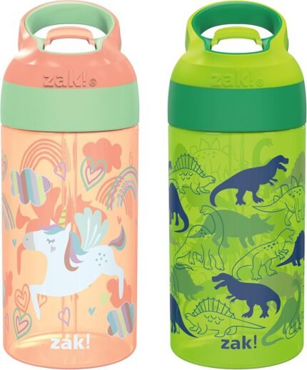 Zak Designs 16oz Riverside Kids Water Bottle with Spout Cover and Built-in Carrying Loop, Made of Durable Plastic, Leak-Proof Water Bottle Design for Travel (Unicorn & Dino Camo, Pack of 2)