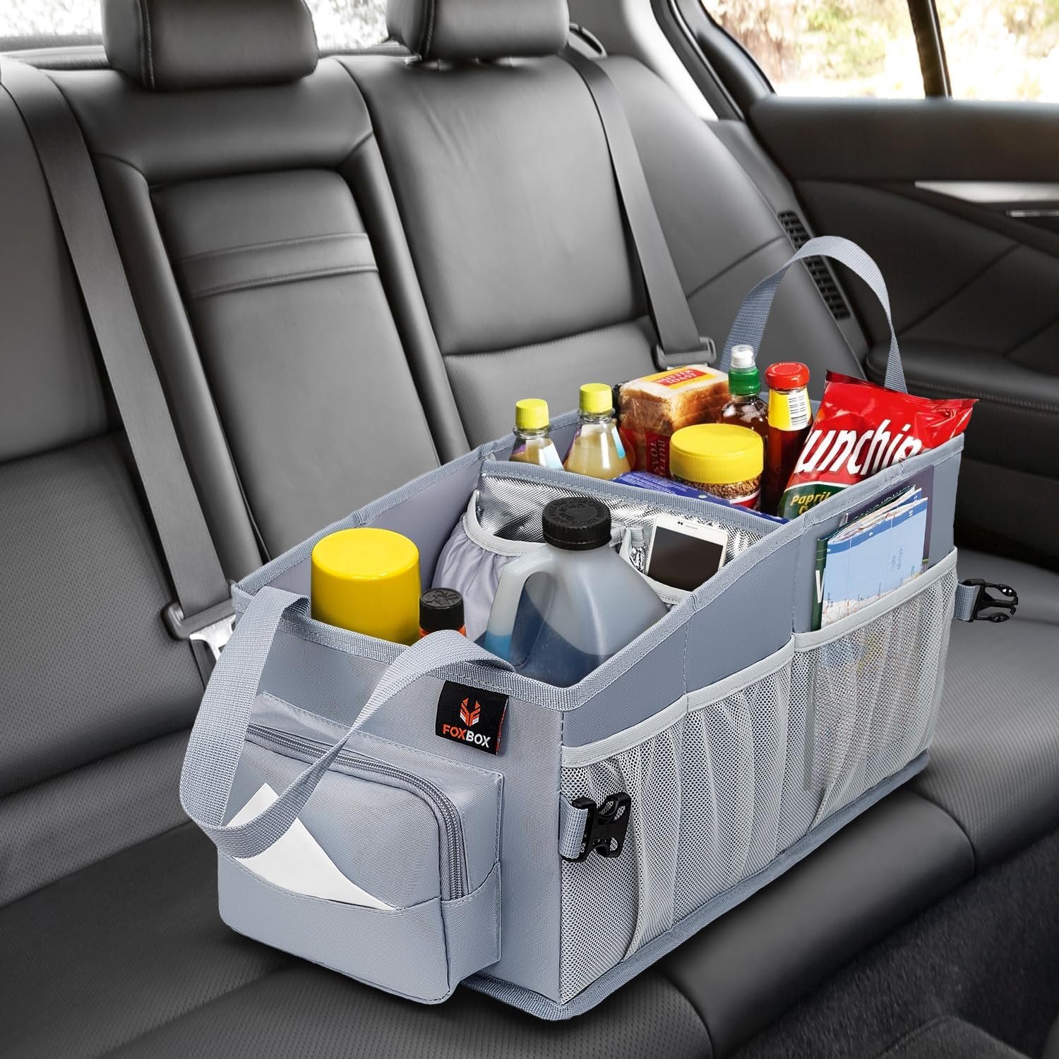 Car Seat and Trunk Organizer, Front or Back Seat Storage - SUV Passenger Floor, Under or Between Seats Organization, Car Gifts for Men and Women (Grey)