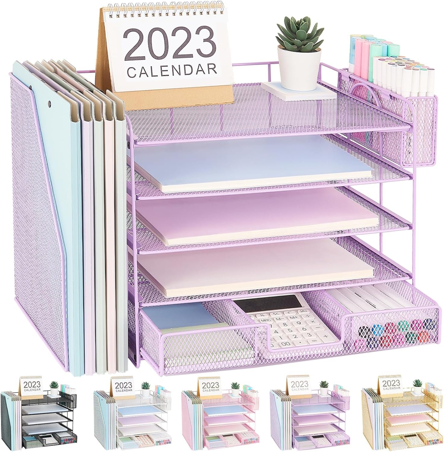 Desk Organizer with File Holder, 5-tier Paper Letter Tray File Organizer with Drawer and Pen Holder, Metal Classroom Organization Office Accessories for School Office Supplies(Purple)