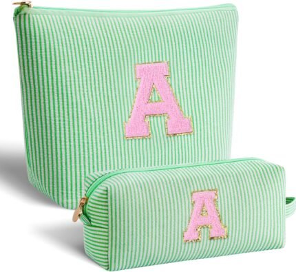 Makeup Bag Set Initials Cosmetic Bag,Gifts for 10 11 12 13 14 15 16 17 18 Years Old Girl Girlfriend Teen Girls Gift Trendy Stuff Personalized Toiletry Bag Travel - Green,A