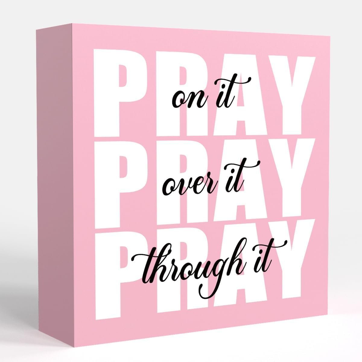 Pink Office Desk Accessories Decor Sign, Dorm Room and Bathroom Decor for Women, Inspirational Christian Gifts for Boss, Pray on It Wooden Sign Bible Verse Wall Art