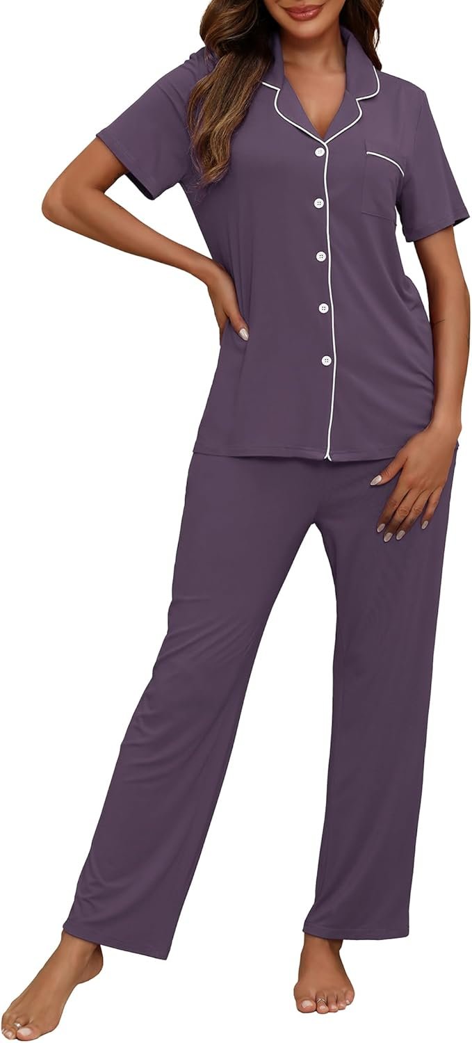 Womens Pajamas Sets 2 Piece Button Up Pj Sets Short Sleeve with Long Pant