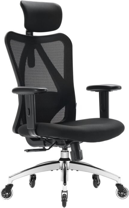 Ergonomic Office Chair, Mesh Computer Desk Chair with Adjustable Sponge Lumbar Support, Thick Cushion, PU Armrest and Headrest, High Back Swivel Home Office Task Chair for Work (Black)…