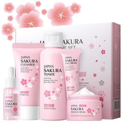 Skincare Gift Set Sakura Skin Care Travel Kit with Cleanser, Toner, Serum, Eye Cream, Face Cream for Women Girls (5pcs)