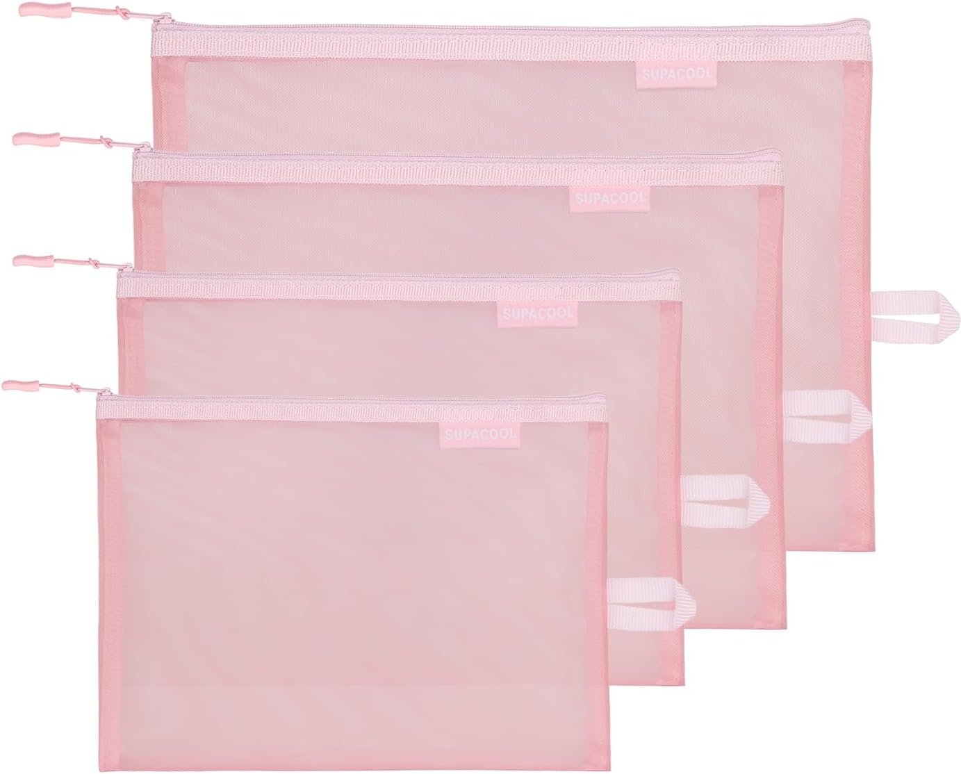 SUPACOOL Set of 4 Travel Mesh Makeup Bag, Cosmetic Organizer Pouches with Zipper, Diaper Organizing Pouches, Nylon Toiletries Bag for Women and Men(4pcs, Pink)