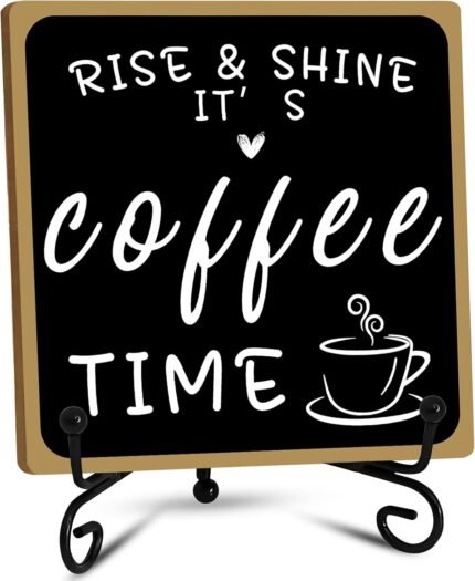Wooden Coffee Bar Sign Coffee Bar Decor, Coffee Bar Decorations Black and White with Iron Stand Bar Tabletop Shelf Accessories, Coffee Signs Decors for Coffee Station Home Farmhouse Kitchen & Office