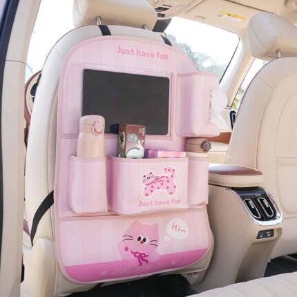 YUNZLAN Pink Backseat Car Organizer, Leather Kick Mats Back Seat Protector Organizer with Touch Screen Tablet Holder for Kids Travel Accessories