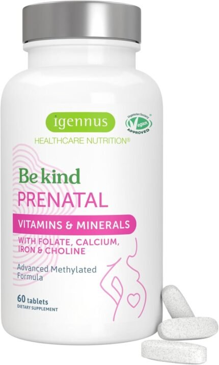Igennus Methylated Prenatal Multivitamin for Women, Folate for MTHFR, High Absorption, Clean Label, Gentle Iron, Choline, Calcium & Magnesium, Vegan Pregnancy Vitamins, Halal, Non-GMO, 60 Tablet