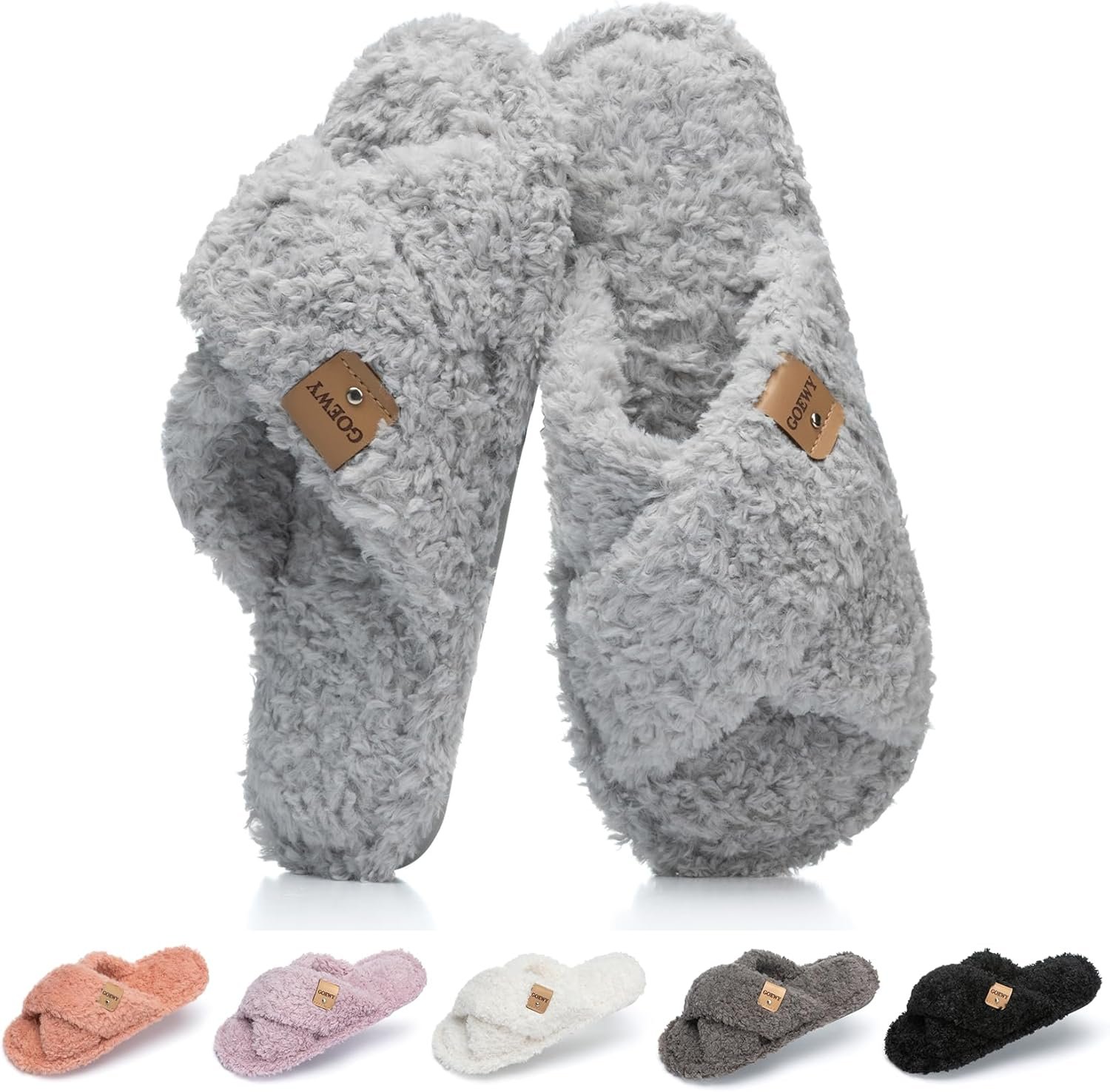 Fuzzy Open Toe Slippers for Women Indoor and Outdoor with Memory Foam Cozy Cross Band Cute Slipper Soft House Shoes Slides Slip On Gifts for Women Mom Her Ladies Bridesmaid