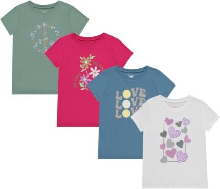 BTween Girls 4 Piece Tops Fashionable Short Sleeve T-Shirt Casual Daily Shirt for Kids Assorted Colors