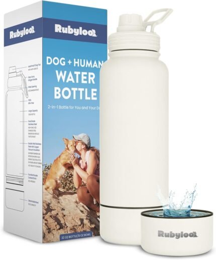 Dog Water Bottle for Dog Lovers - 32 oz Stainless Steel Double Wall Insulated Water Bottle with 8 oz Detachable Bowl on Bottom for Doggy Lovers for Hiking, Walks, Travel - Cream
