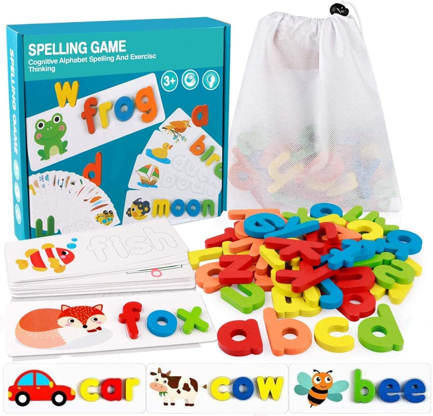 MASTOUR See and Spell Learning Toys,Matching Letter Game Words for Kids,Educational Learning Toys for Preschool Kindergarten 3-7 Year Old Girls Boys (28 Cards+52 Letters) +1