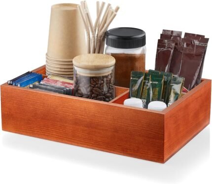 ALELION Coffee Station Organizer with Removable Dividers - Wood Coffee Bar Accessories Organizer for Countertop - Pod Holder Basket for K Cup Sugar Tea