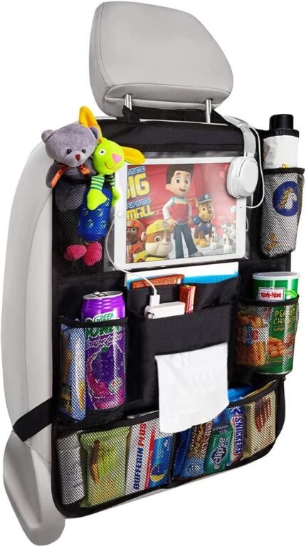 Car Back Seat Organizer Foldable Car Storage Organizer Car Seat Back Protectors with Hole for USB/Headphone/Charging Kick Mats Back Seat Protector with Touch Screen Tablet Holder Tissue Box