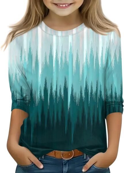 Girls Sequin/Gradient Print Casual Everyday Tops 3/4 Long Sleeves Crew Neck T-Shirts Trendy Comfort Tees Clothes